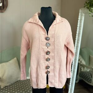 Pure Handknit Chunky Cotton Cardigan Sweater Pink Button Front Cottagecore L/XL